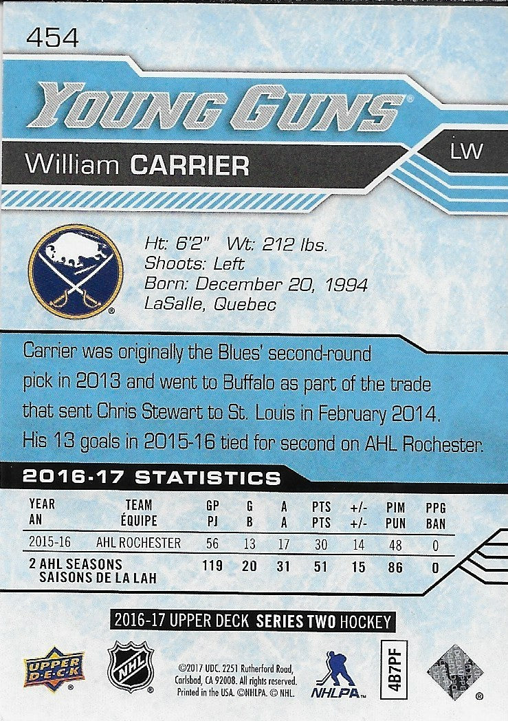 Signed William Carrier Young Guns 2016-17 Upper Deck Buffalo Sabres Rookie Card