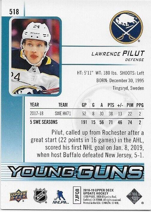 Signed Lawrence Pilut Young Guns 2018-19 UD Buffalo Sabres Rookie Card