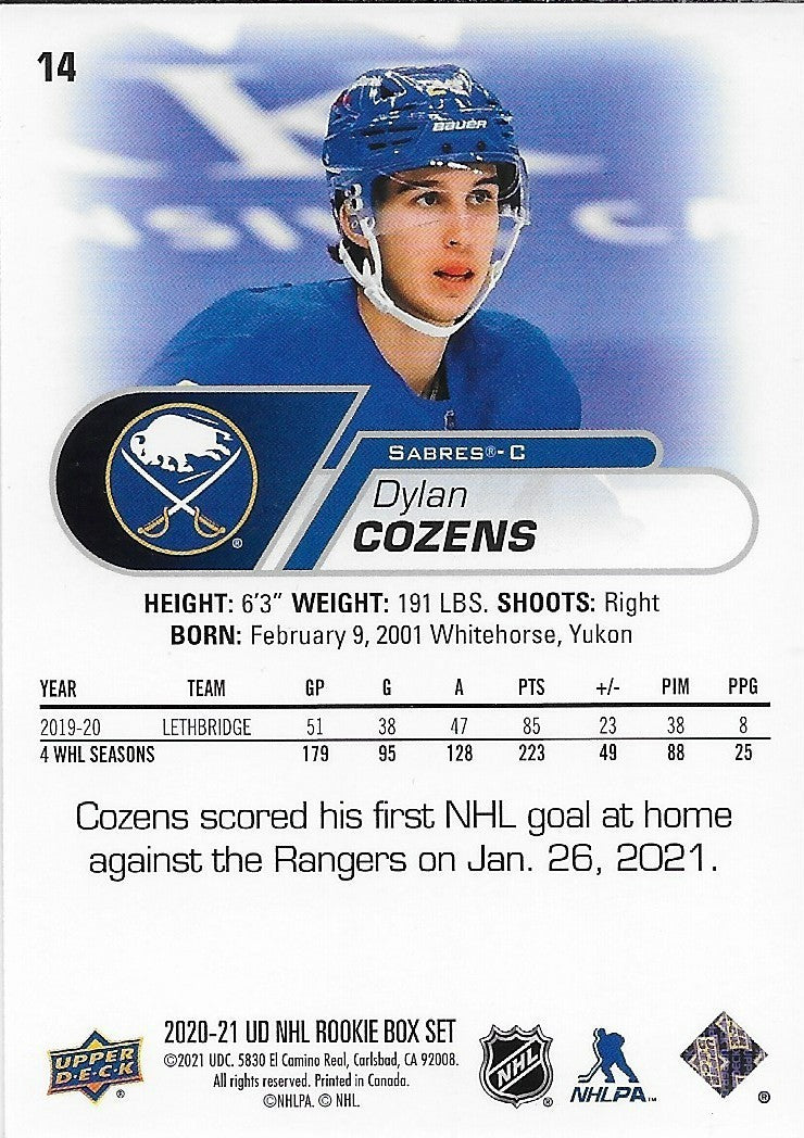 Signed Dylan Cozens 2020-21 UD NHL Rookie Box Set Buffalo Sabre Rookie Card