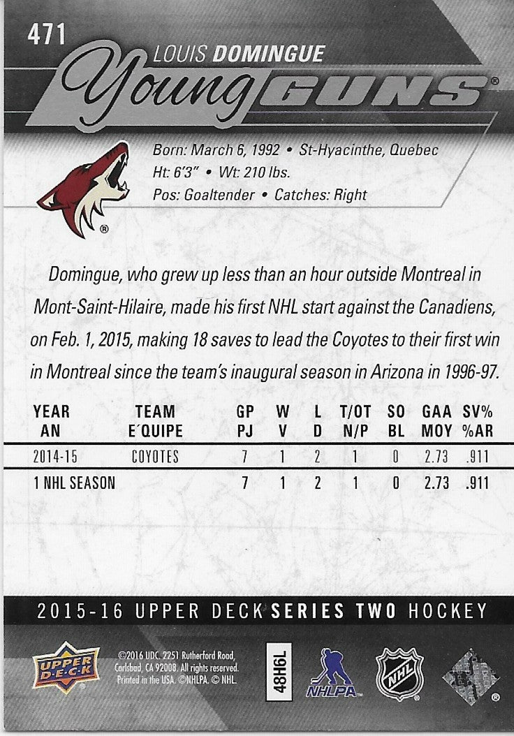 Signed Louis Domingue Young Guns 2015-16 UD Arizona Coyotes Rookie Card Origin