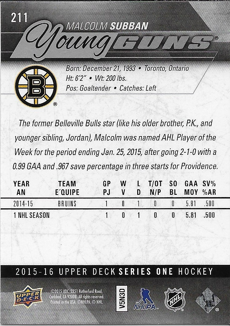 Signed Malcolm Subban Young Guns 2015-16 UD Boston Bruins Rookie Card Origin