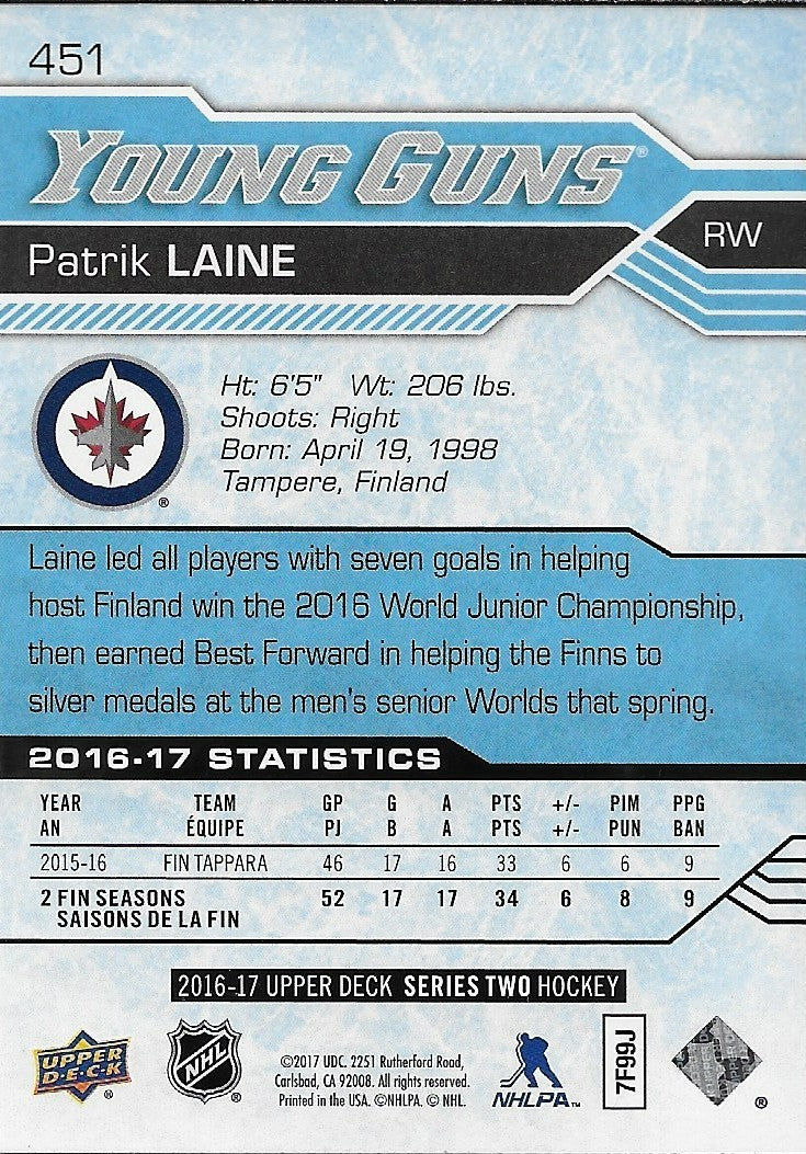 Signed Patrik Laine 2016-17 UD Winnipeg Jets Young Guns Rookie Card