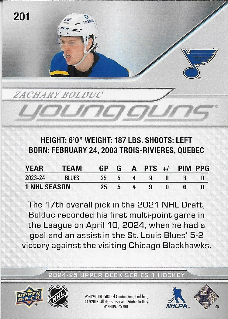 Signed Zachary Bolduc 2024-25 UD St. Louis Blues Young Guns Rookie Card