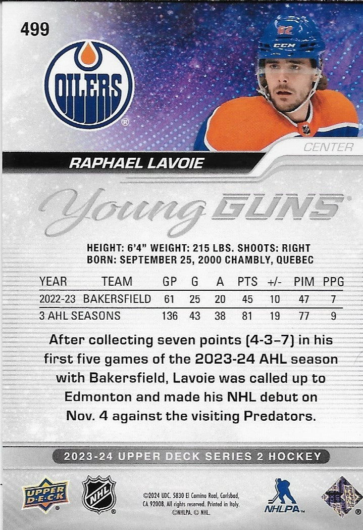 Signed Raphael Lavoie Young Guns 23/24 UD Edmonton Oilers Rookie Card