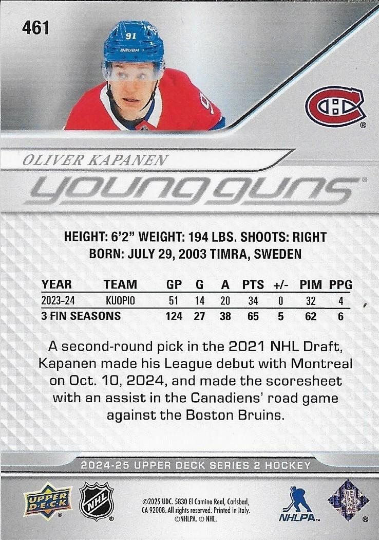 Signed Oliver Kapanen Young Guns 2024-25 UD Montreal Canadiens Rookie Card #2