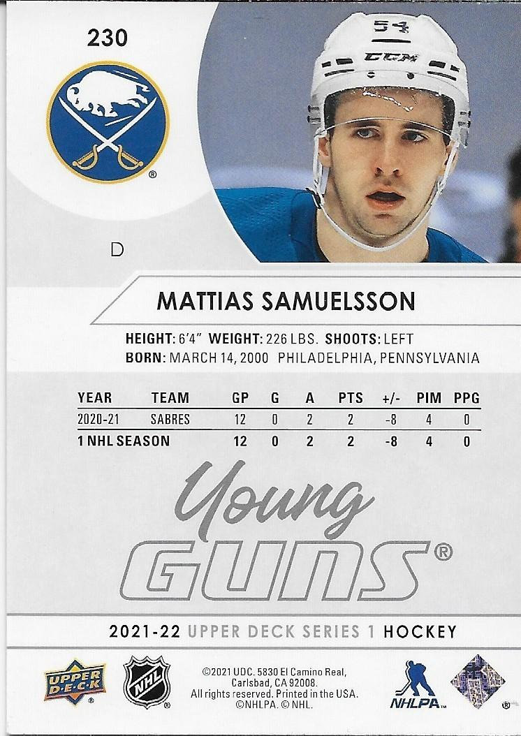 Signed Mattias Samuelsson Young Guns 21-22 Upper Deck Buffalo Sabres Rookie Card