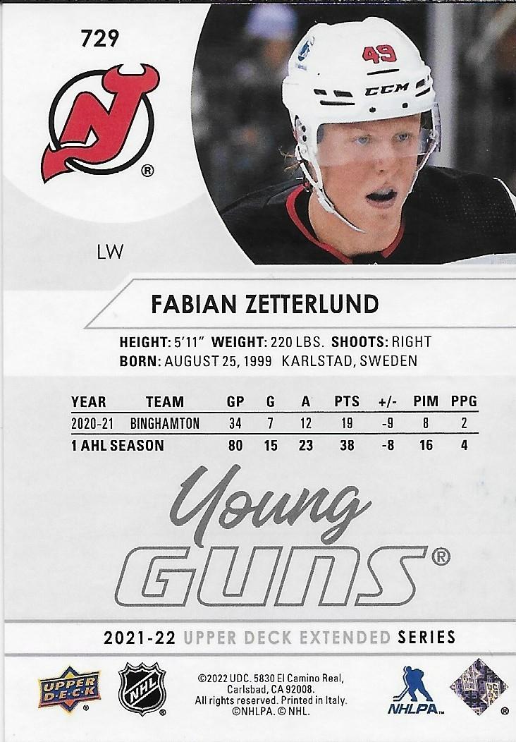 Signed Fabian Zetterlund Young Guns 2021-22 UD New Jersey Devils Rookie Card