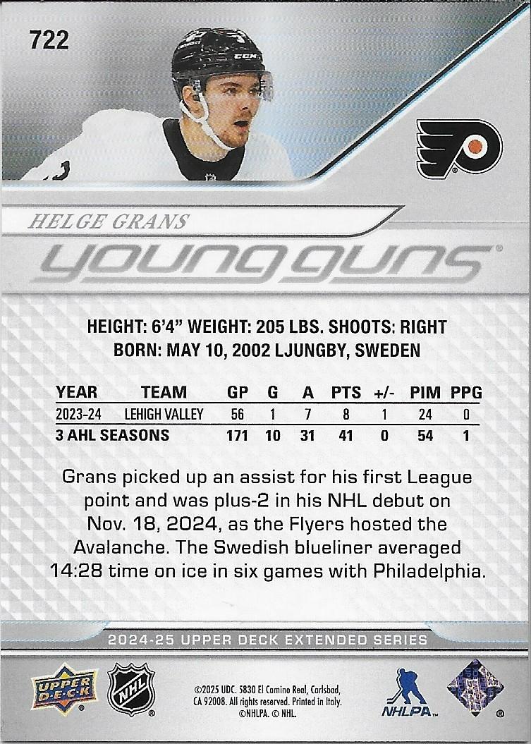 Signed Helge Grans 2024-25 UD Young Guns Philadelphia Flyers Rookie Card