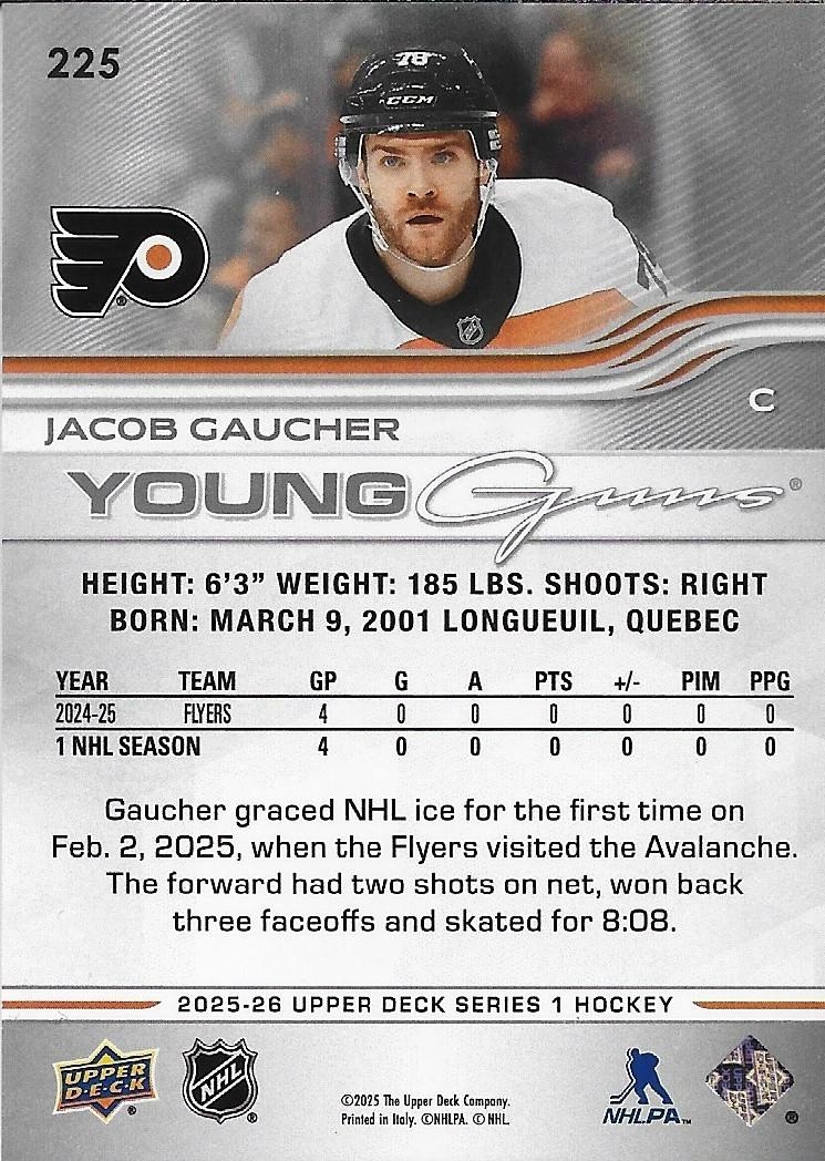 Signed Jacob Gaucher 2025-26 UD Young Guns Philadelphia Flyers Rookie Card