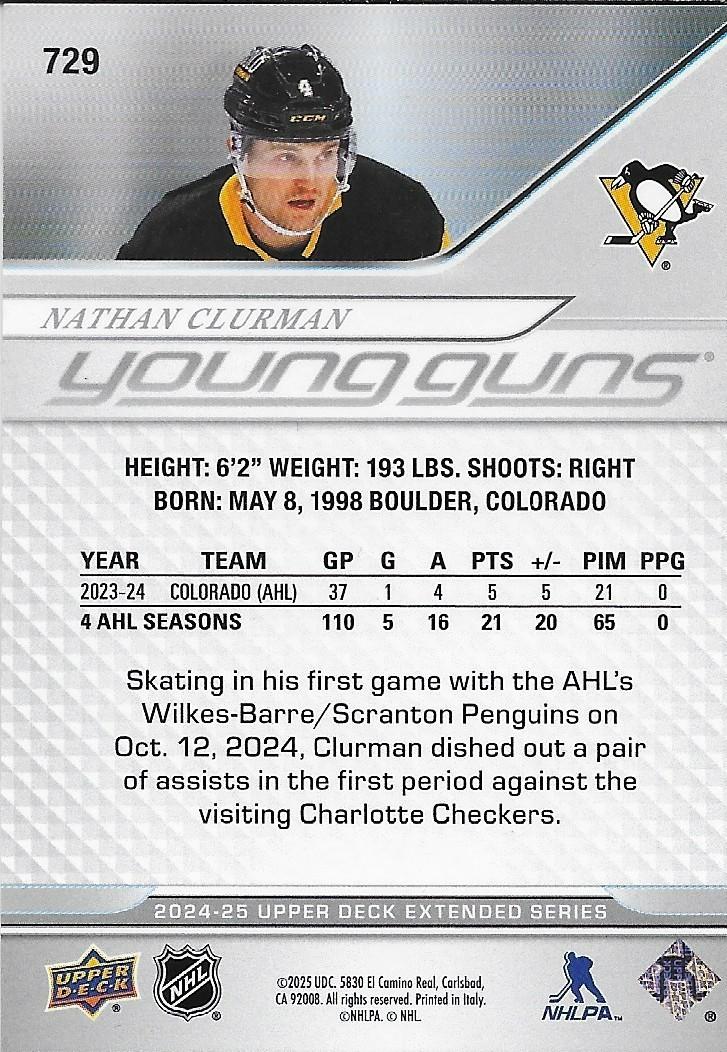 Signed Nathan Clurman 2024-25 UD Young Guns Pittsburgh Penguins Rookie Card