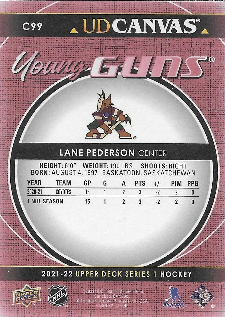 Signed Lane Pederson 2021-22 UD Young Guns Canvas Arizona Coyotes Rookie Card