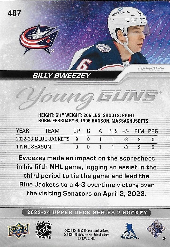 Signed Billy Sweezey 2023-24 UD Young Guns Columbus Blue Jackets Rookie Card