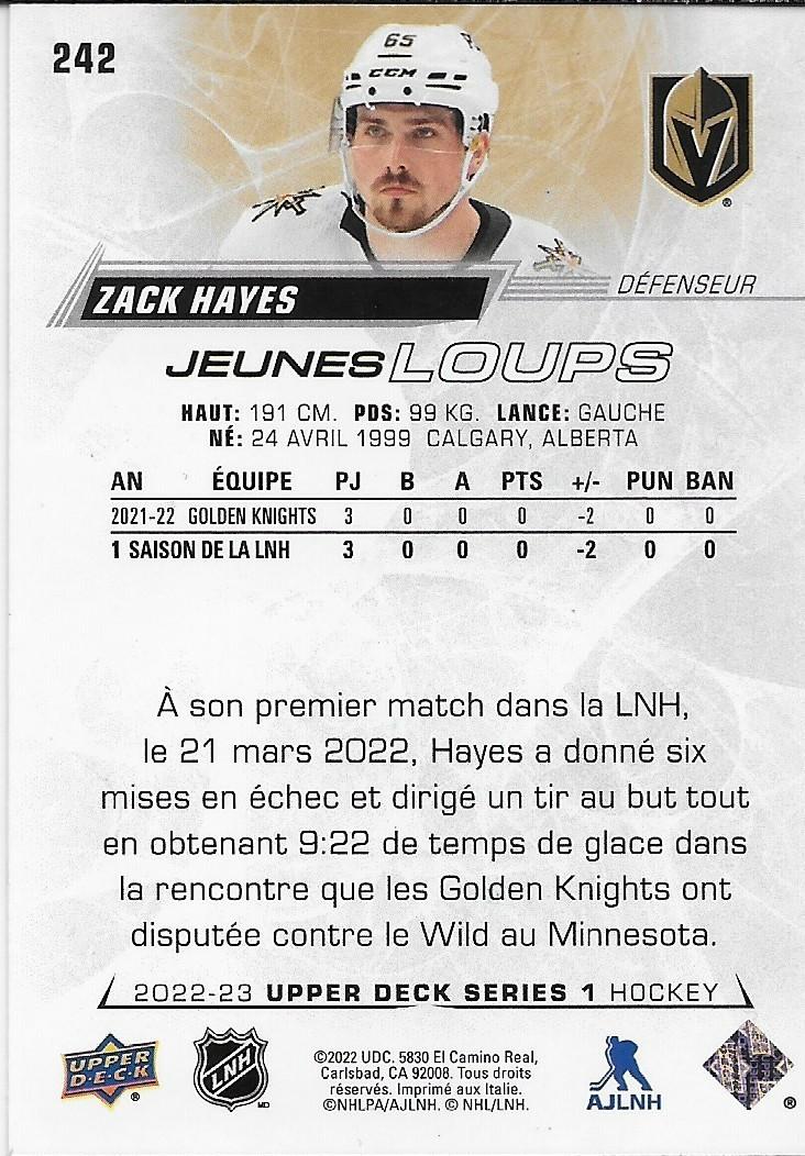 Signed Zack Hayes 22-23 UD Jeunes Loups Young Guns Vegas Golden Knights Rookie