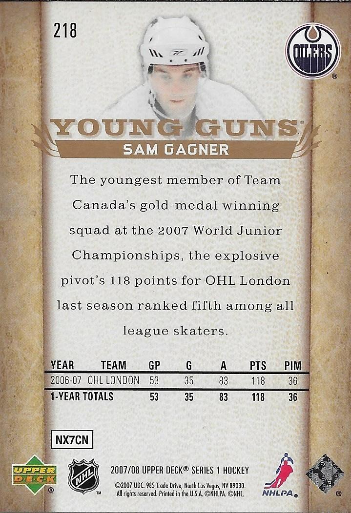 Signed Sam Gagner Young Guns 2007-08 UD Autographed Edmonton Oilers Rookie Card