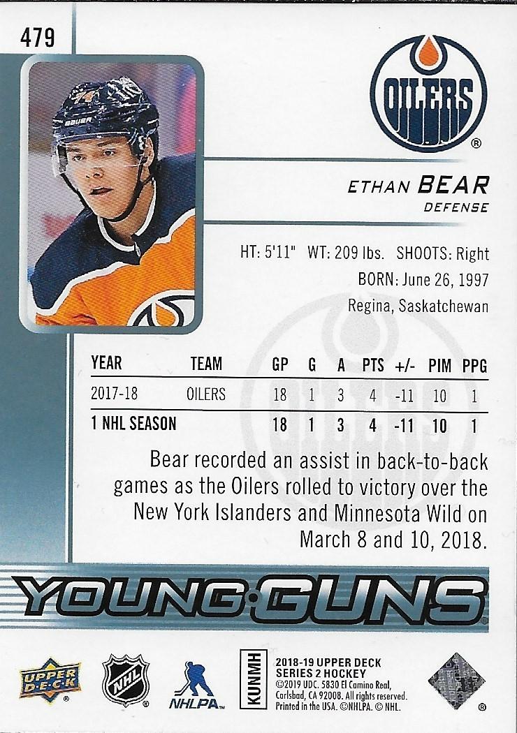 Signed Ethan Bear Young Guns 2018-19 UD Edmonton Oilers Autographed Rookie Card