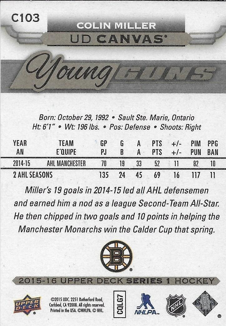 Signed Colin Miller Young Guns Canvas UD 2015-16 Boston Bruins Rookie Card