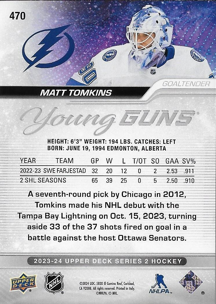 Signed Matt Tomkins Young Guns 2023-24 UD Tampa Bay Lightning Rookie Card