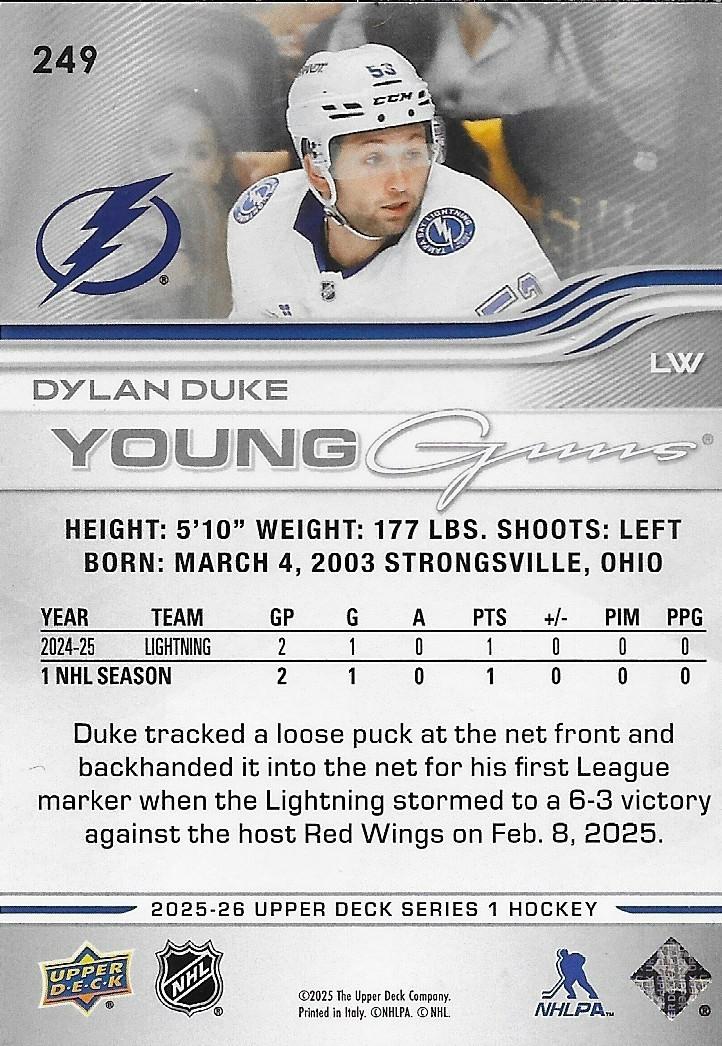 Signed Dylan Duke Young Guns 2025-26 UD Tampa Bay Lightning Rookie Card