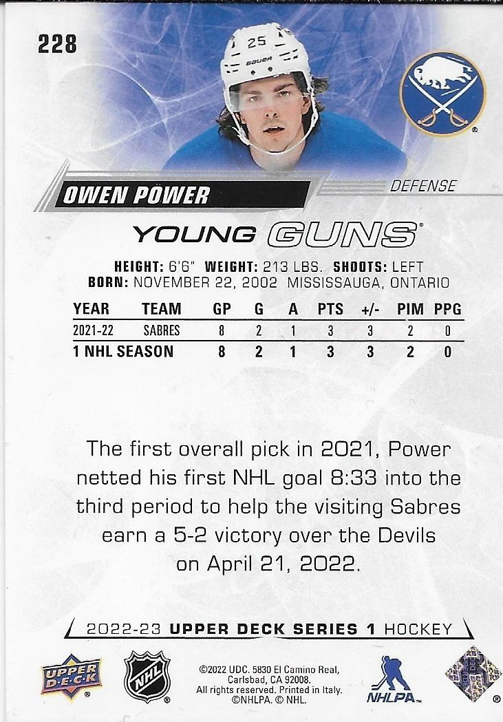 Signed Owen Power 2022-23 UD Young Guns Buffalo Sabres Rookie Card