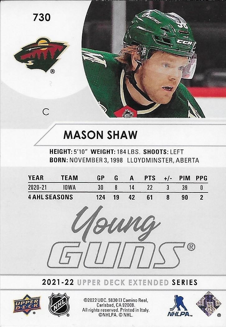 Signed Mason Shaw Young Guns 21-22 UD Minnesota Wild Autographed Rookie Card