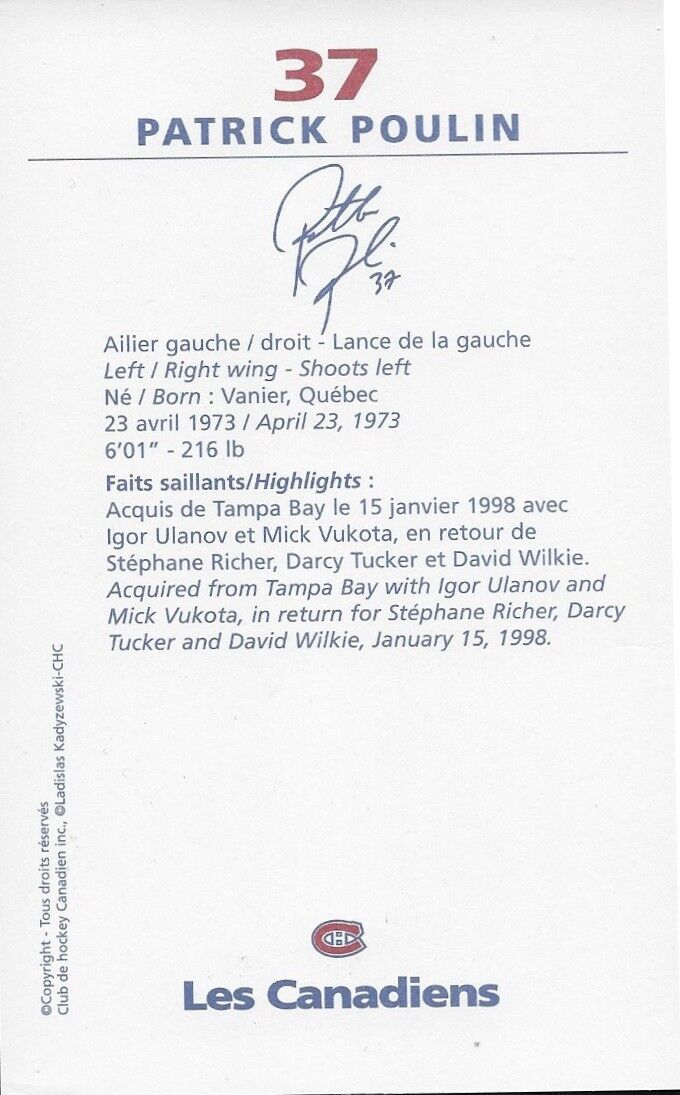 Autographed Patrick Poulin Montreal Canadiens Postcard Original