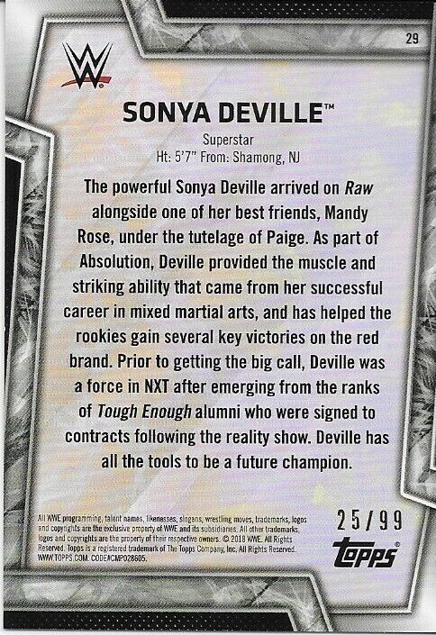 Autographed 2018 Topps Wrestling WWE Sonya Deville Insert Card 25/99