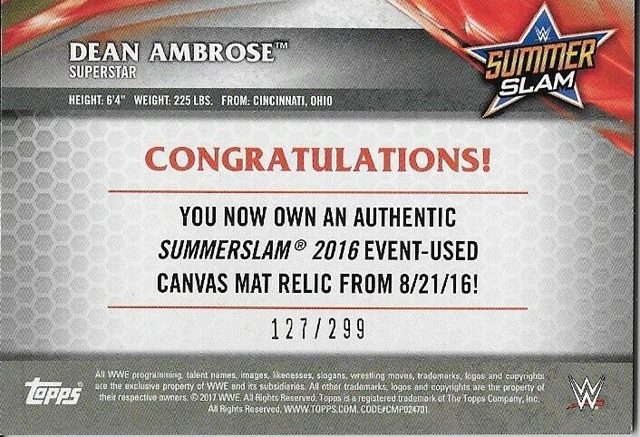 2017 Topps Summerslam WWE Dean Ambrose Mat Relic Card 127/299