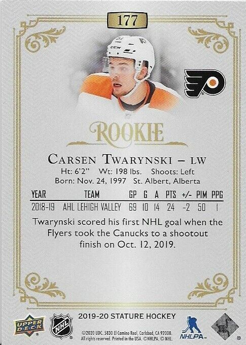2019-20 Upper Deck Stature Carsen Twarynski Rookie Green parallel 44/149