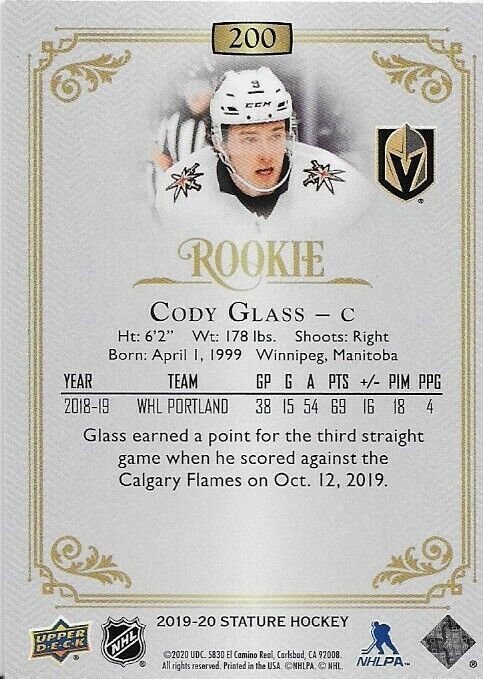 2019-20 Upper Deck Stature Cody Glass Rookie card 219/399
