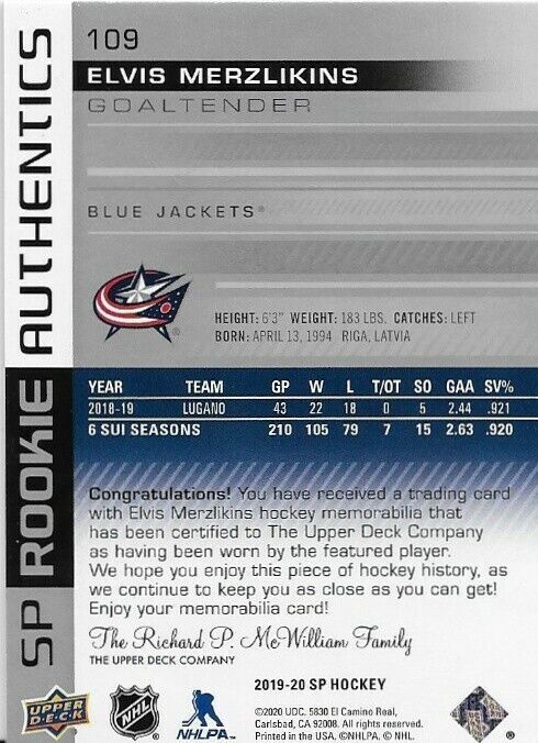 2019-20 Upper Deck SP Elvis Merzlikins Rookie Authentics jersey