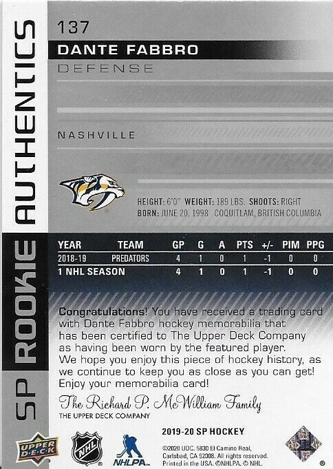 2019-20 Upper Deck SP Dante Fabbro Rookie Authentics jersey