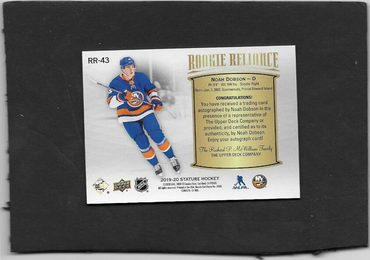 2019-20 Upper Deck Stature Noah Dobson Rookie Reliance Autographed Card