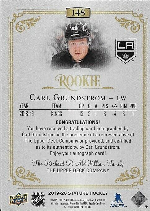 2019-20 Upper Deck Stature Carl Grundstrom Autographed Card 20/199