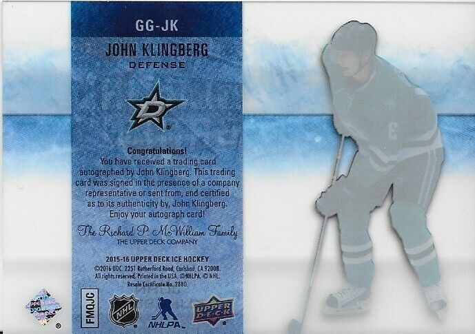 2015-16 Upper Deck Ice John Klingberg Glacial Graphs Autograph Card