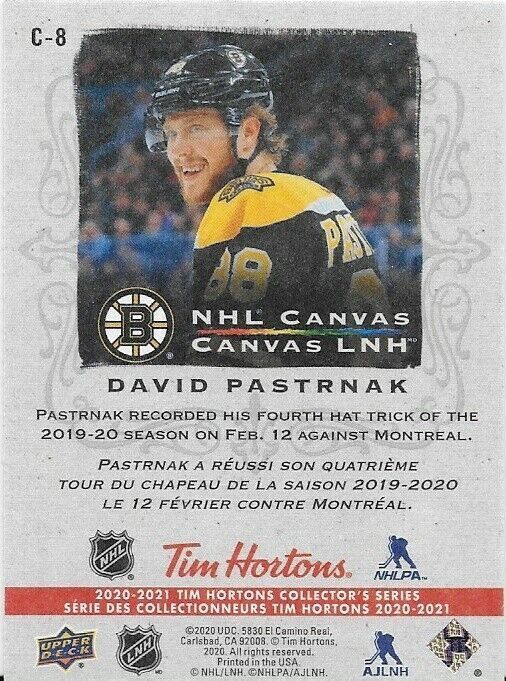 Carte d'insertion David Pastrnak en toile Tim Horton's NHL 2020-21