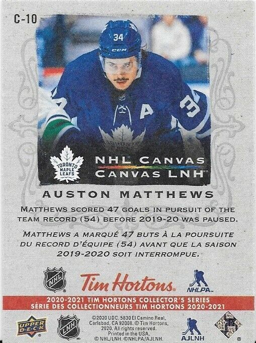 Carte d'insertion en toile NHL de Tim Horton's UD 2020-21 d'Auston Matthews