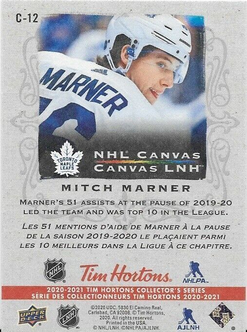 Carte d'insertion Mitch Marner en toile de la LNH de Tim Horton 2020-21