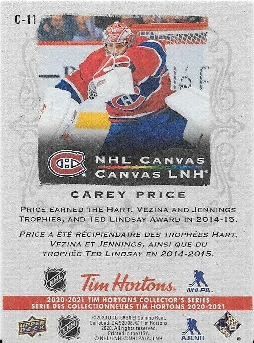Carte d'insertion Carey Price en toile Tim Horton's NHL 2020-21 UD