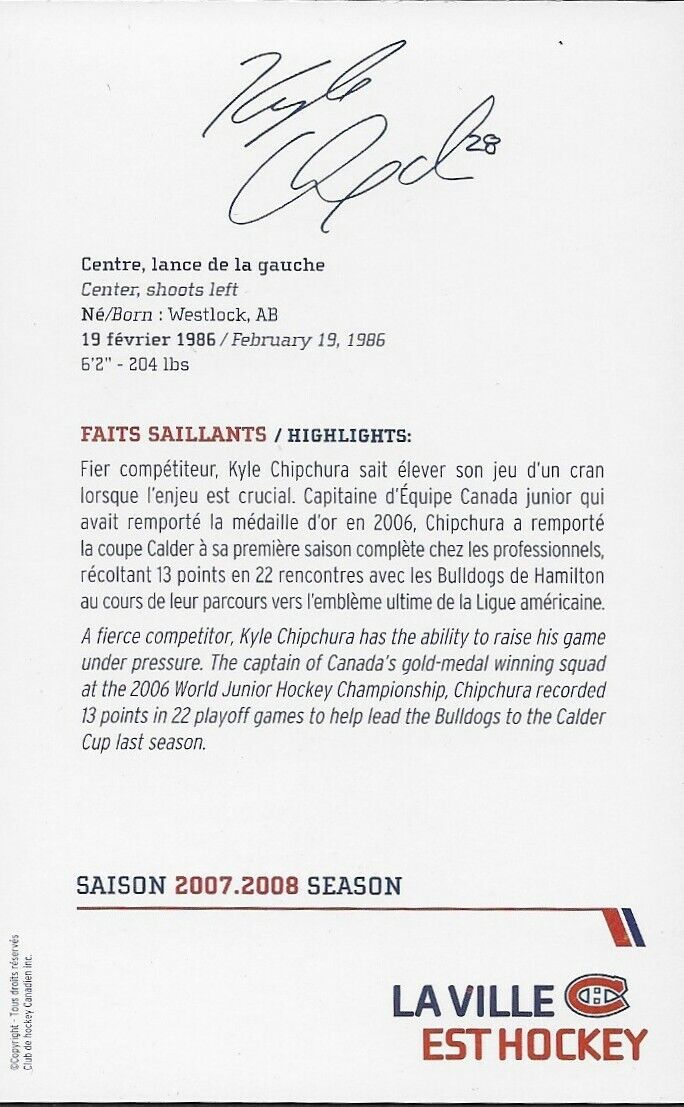 Autographed Kyle Chipchura Montreal Canadiens Postcard 2007-08 Original