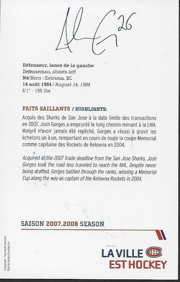 Autographed Josh Gorges Montreal Canadiens Postcard 2007-08 Original