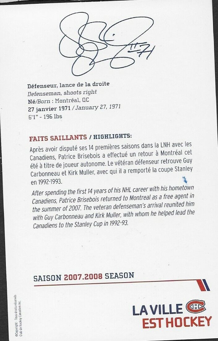 Autographed Patrice Brisebois Montreal Canadiens Postcard 2007-08 Original