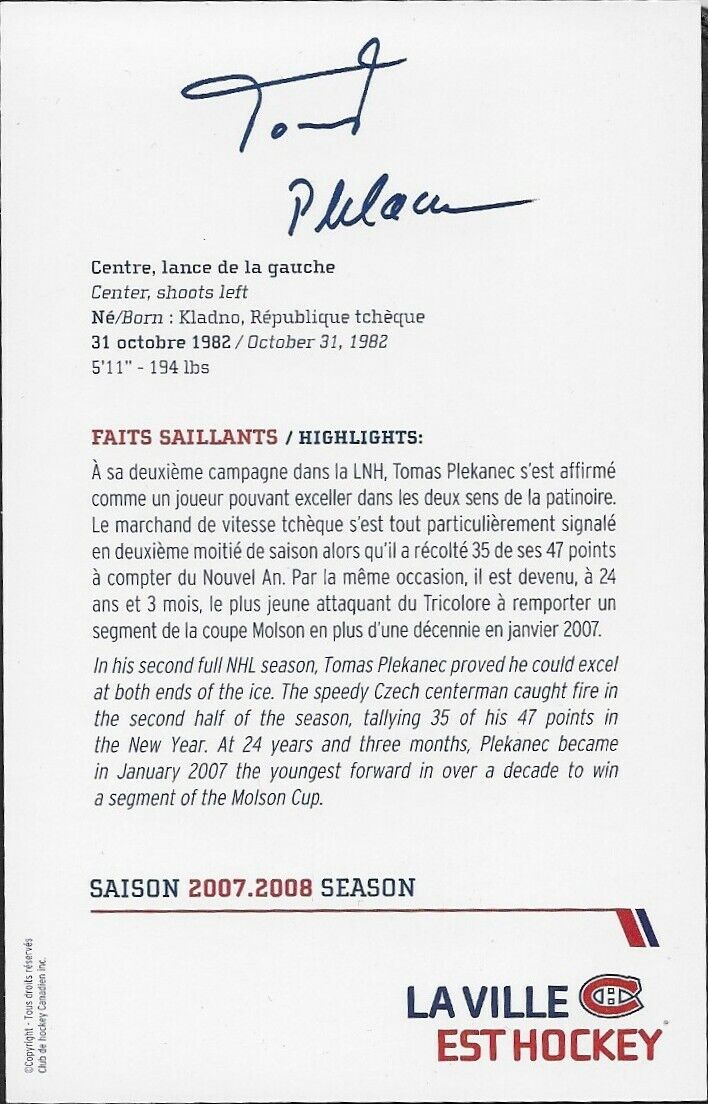 Autographed Tomas Plekanec Montreal Canadiens Postcard 2007-08 Original