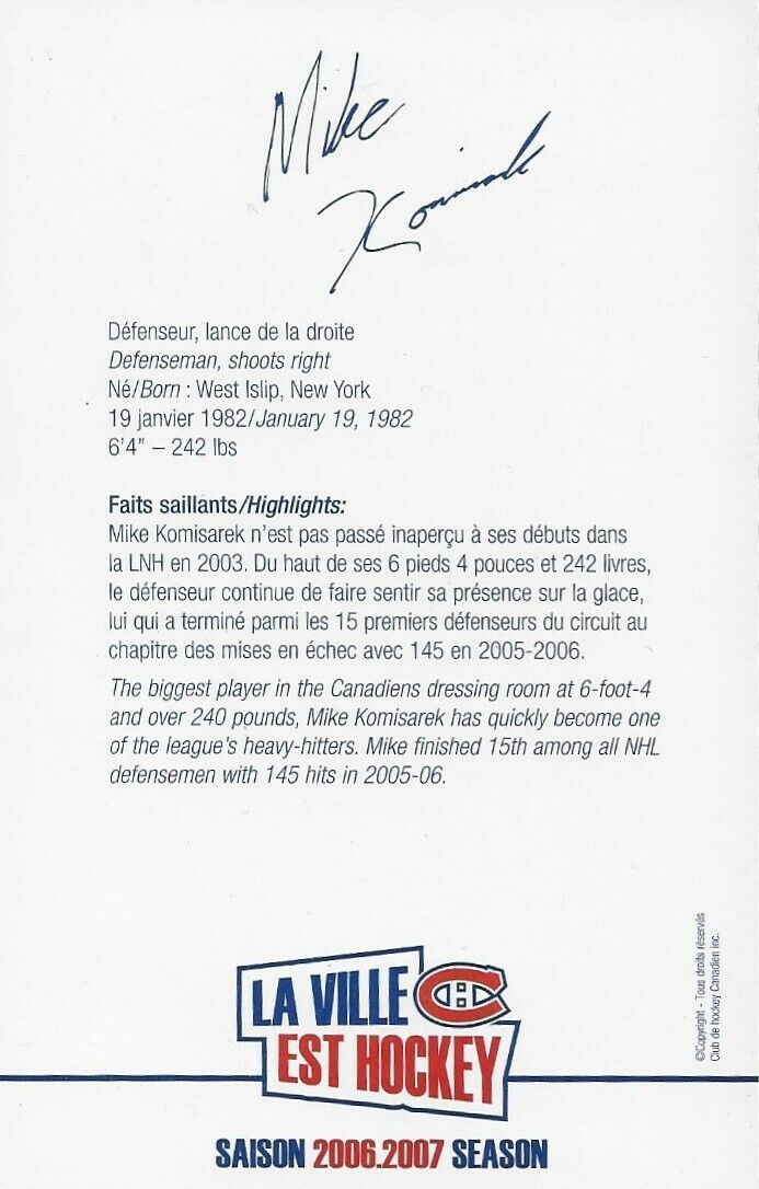 Autographed Mike Komisarek Montreal Canadiens Postcard 2006-07 Original