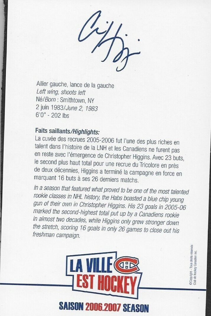 Auto. Chris Christopher Higgins Montreal Canadiens Postcard 2006-07 Original