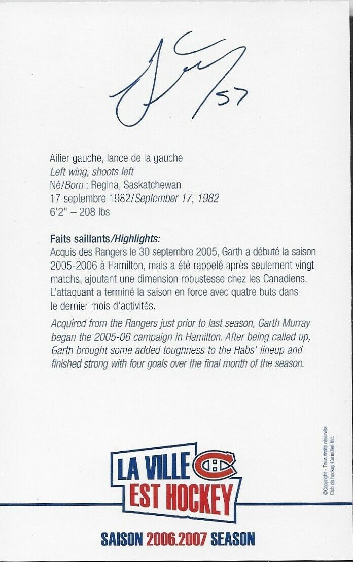 Autographed Garth Murray Montreal Canadiens Postcard 2006-07 Original