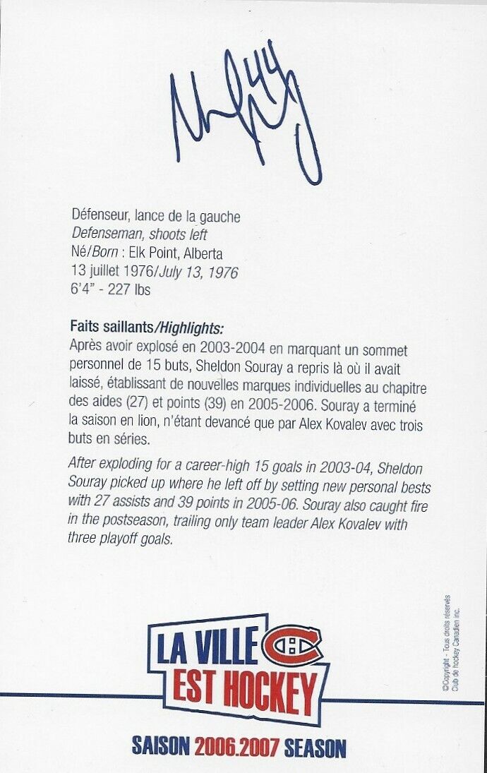 Autographed Sheldon Souray Montreal Canadiens Postcard 2006-07 Original