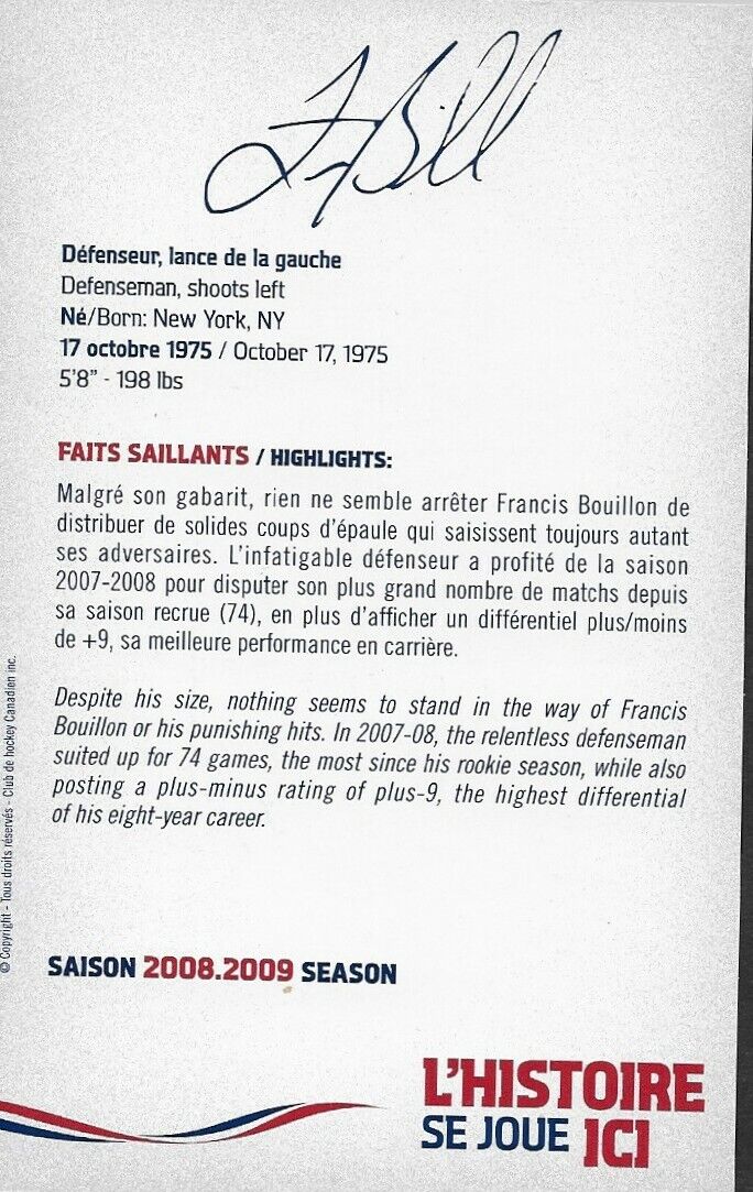 Carte postale originale autographiée par Francis Bouillon des Canadiens de Montréal 2008-09