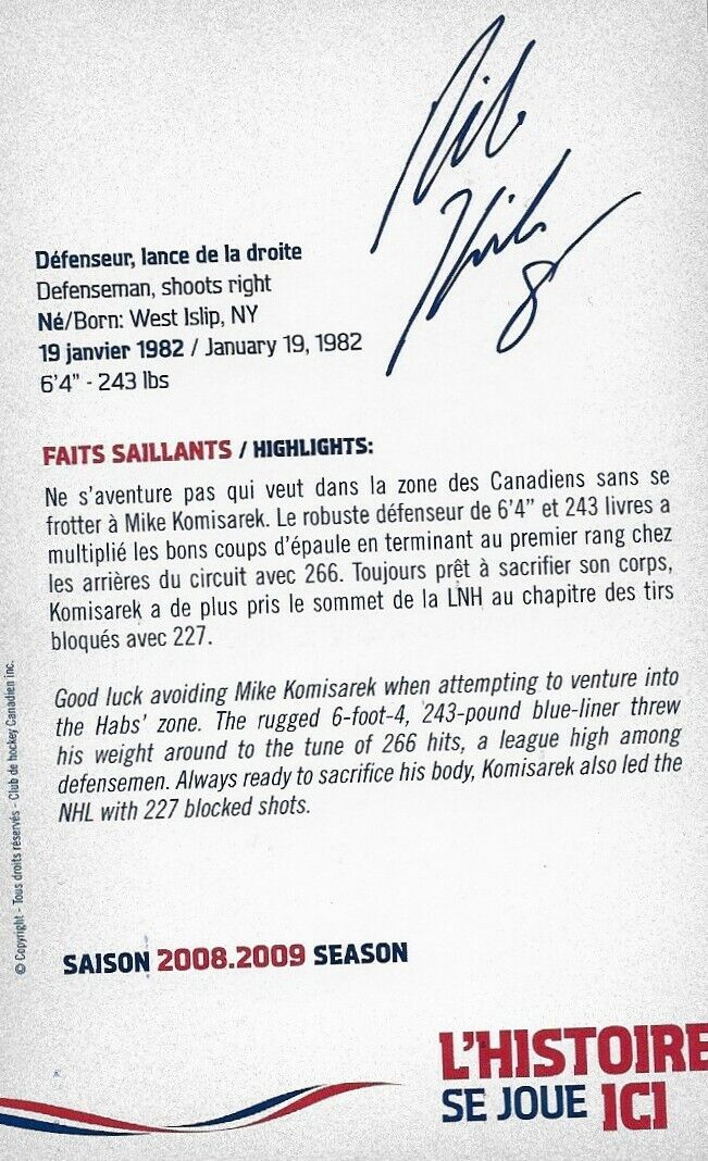 Carte postale originale autographiée par Mike Komisarek des Canadiens de Montréal 2008-09