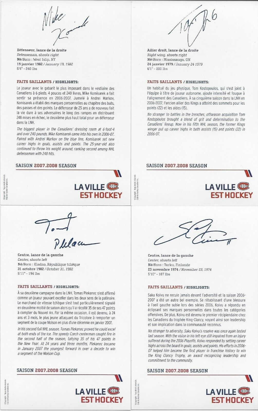 23 Autographed Price Koivu Huet Montreal Canadiens Postcard 2007-08 Original +2