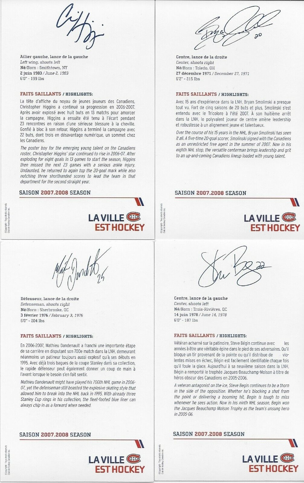 23 Autographed Price Koivu Huet Montreal Canadiens Postcard 2007-08 Original +2